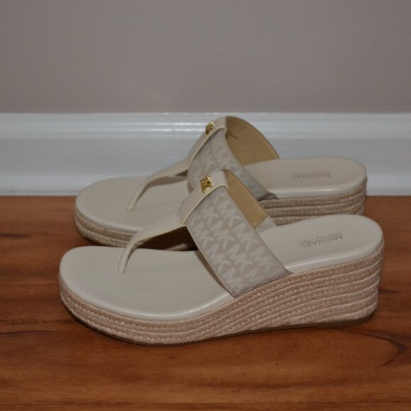 Michael Kors Verity Monogram Natural beige espadrille wedge sandals, 9M - Picture 4 of 10
